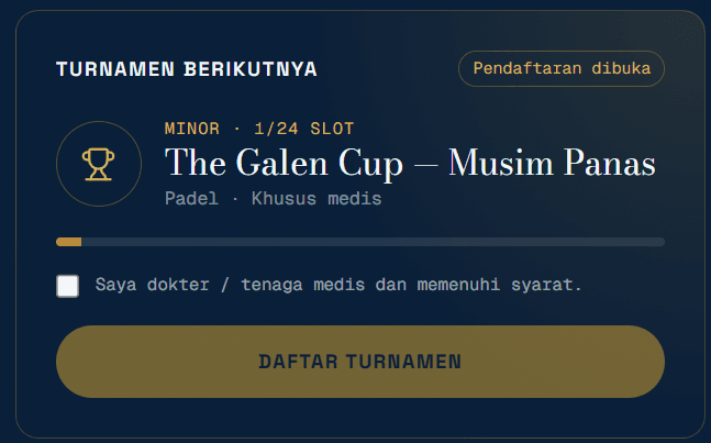 Kartu pendaftaran The Galen Cup dengan centang eligibilitas medis dan tombol Daftar Turnamen